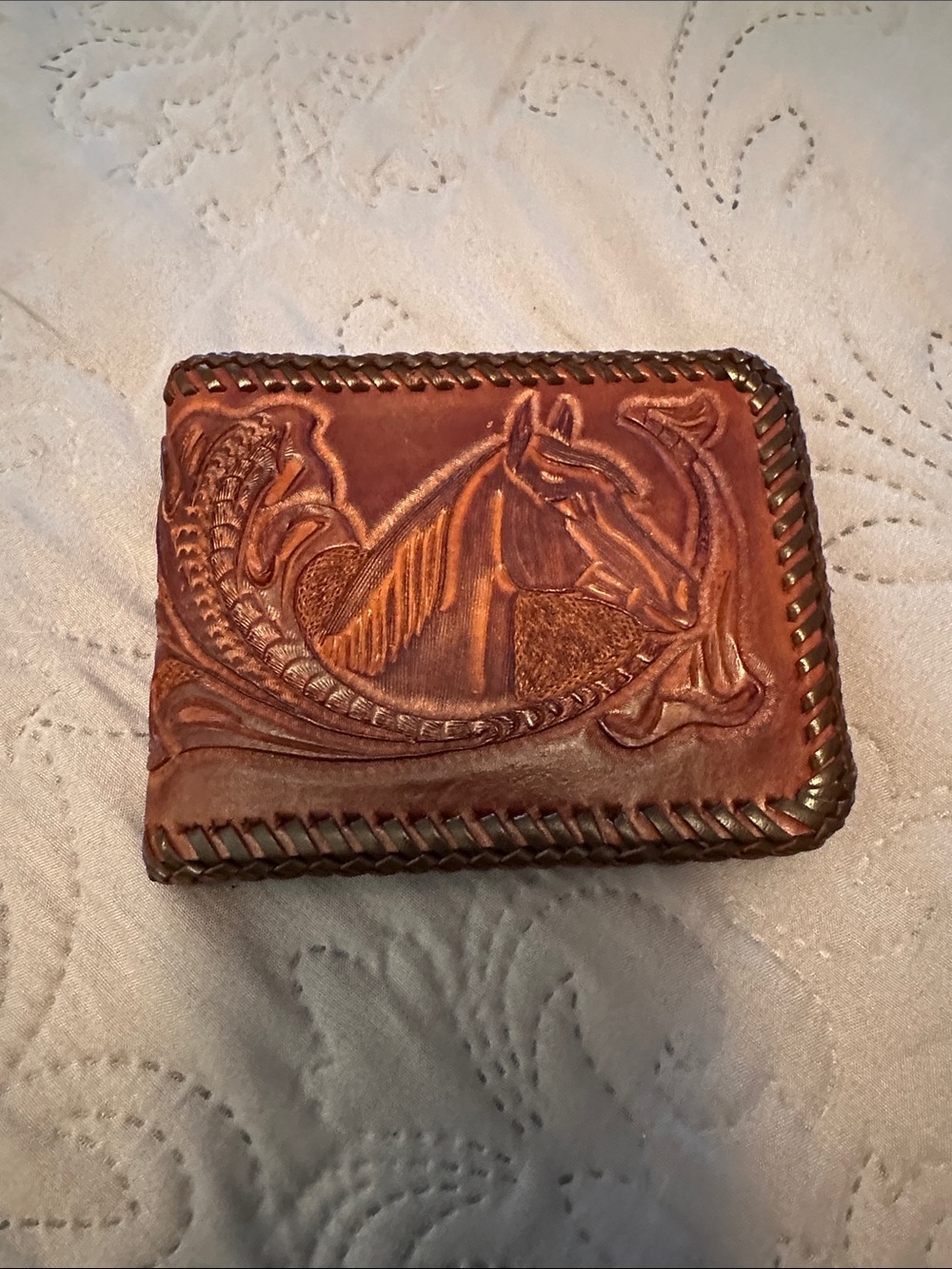 Hand-Tooled Brown Leather Bifold Wallet with Horse Design